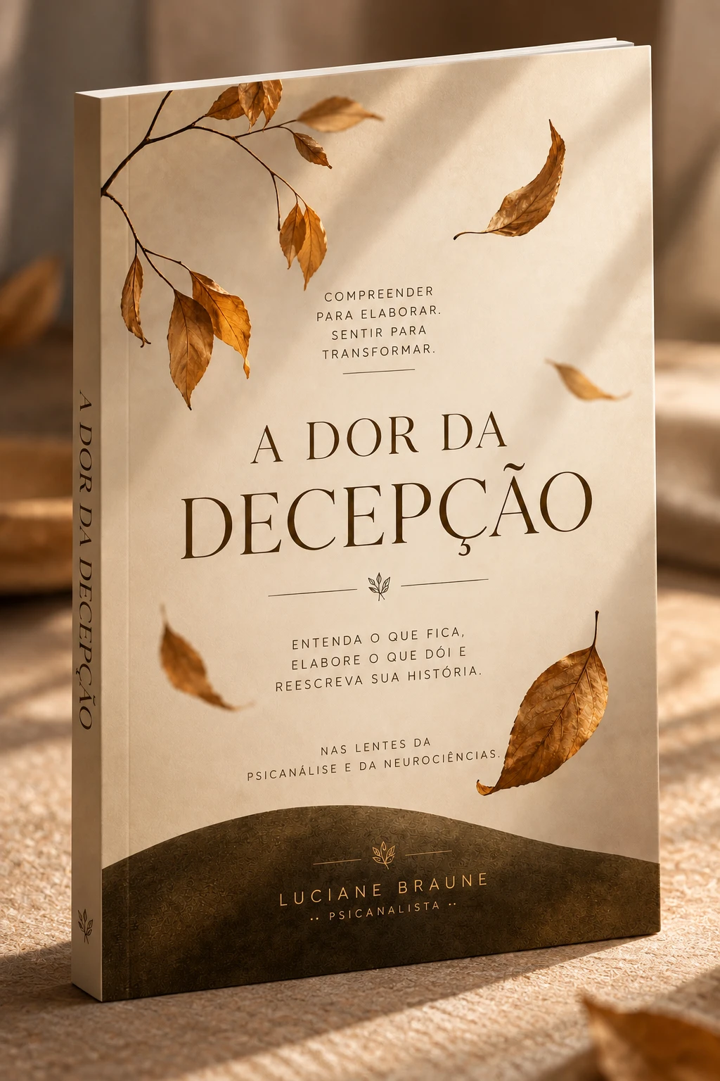 Capa do e-book A Dor da Decepção, de Luciane Braune, psicanalista, com folhas secas ao redor