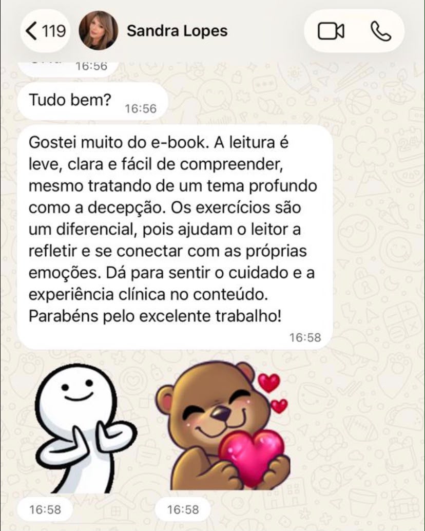 Print de conversa no WhatsApp: leitora diz que a leitura do e-book é leve, clara e fácil de compreender, com exercícios que ajudam a refletir